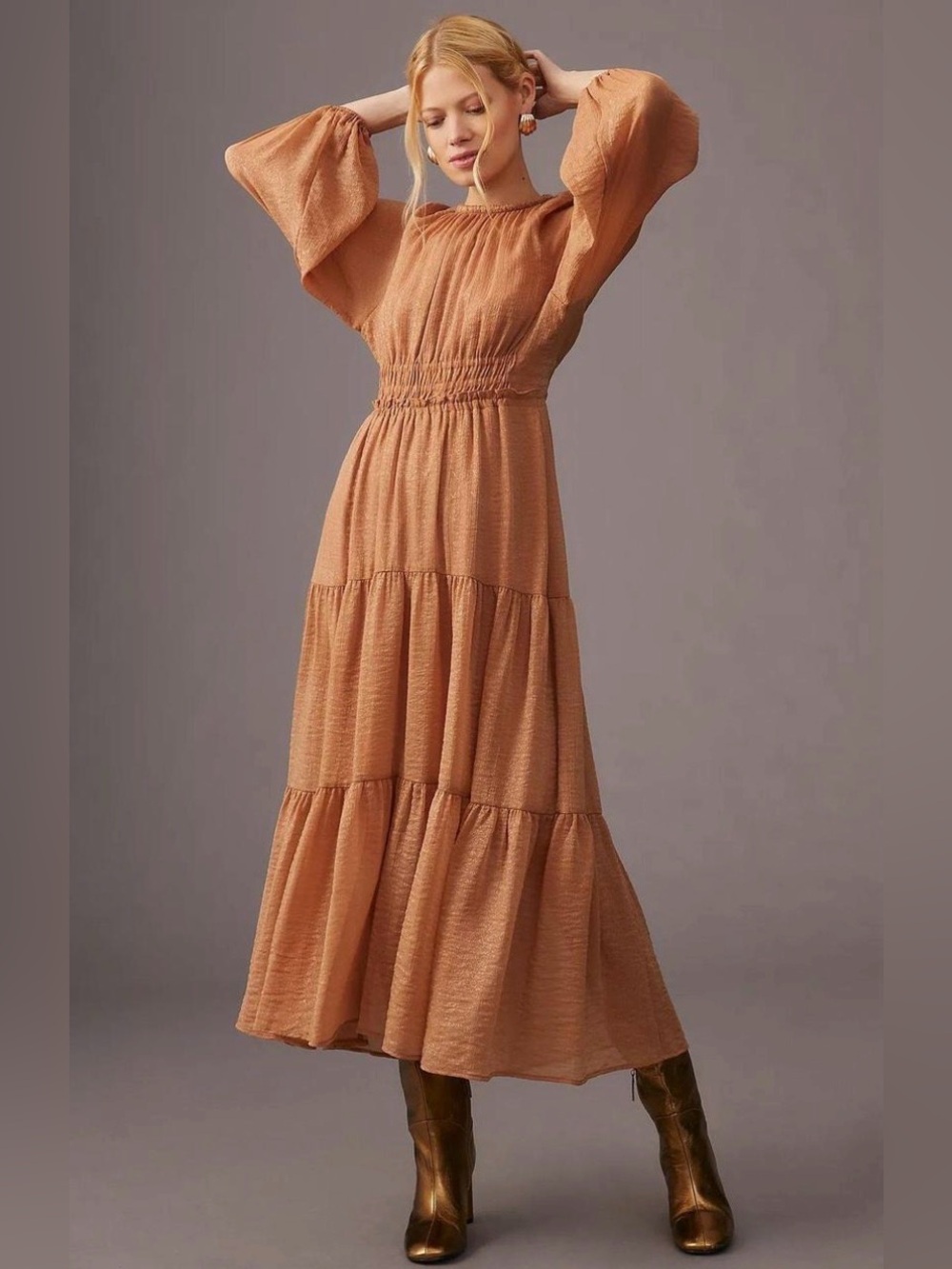 NWT MOON RIVER Tiered Maxi Dress Terracotta Metallic Smocked Waist size Medium